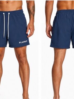 PLAYBOY Navy Blue Yacht Swim Trunks with White Drawcord Board shorts unlined SM